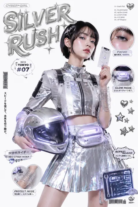 竖版 3:4，单张海报式拼贴，Y2K 日系时装杂志封面感 / 偶像专辑内页 / 贴纸手帐 editorial，白底棚拍 + direct flash + sof - AI生成图片 1