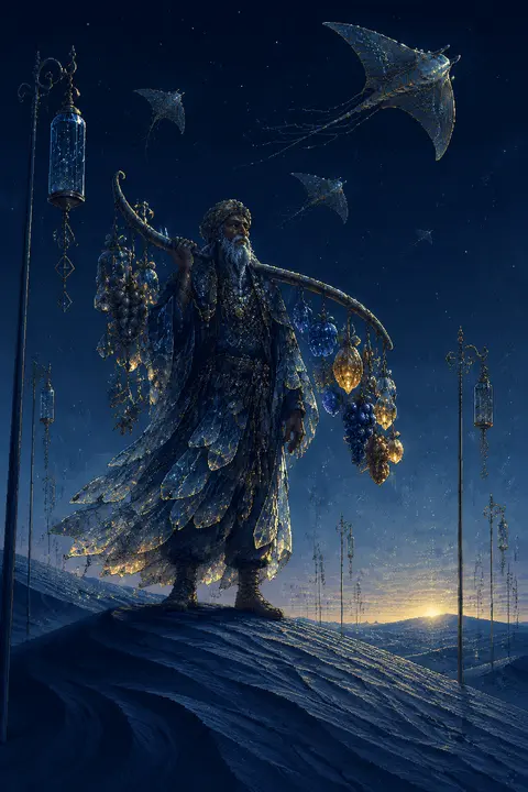 纵向9:16，16-bit像素艺术风，一位年长的沙海果品摊主立于破晓荒漠的高耸沙脊之巅，仰视视角，全身入镜，身披由半透明树脂薄片串联而成的层叠长袍，衣角像凝固的 - AI生成图片 1