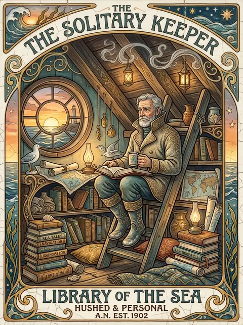 An intimate art nouveau poster of a solitary lighthouse keeper seated cross-legg - AI生成图片 3