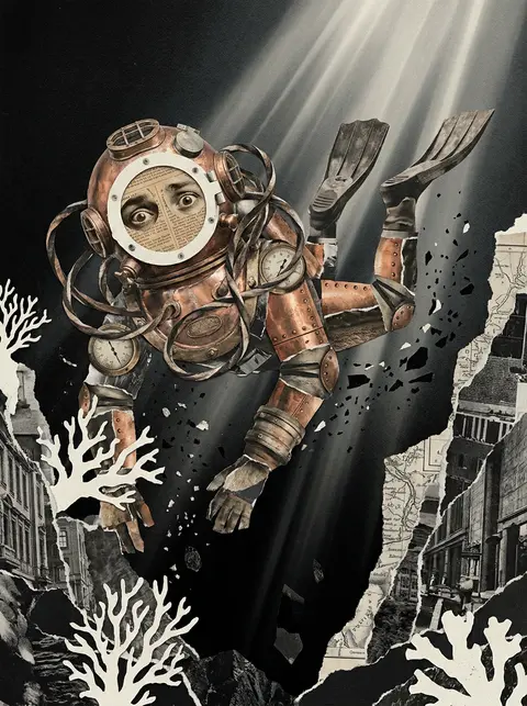 hero splash art of a deep-sea diver descending through a lightless trench, reima - AI生成图片 2