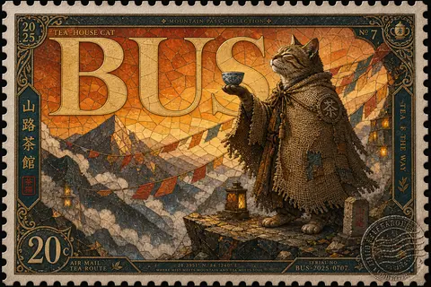 A monumental luxury postage stamp poster for **BUS** in the style of a rare coll - AI生成图片 1