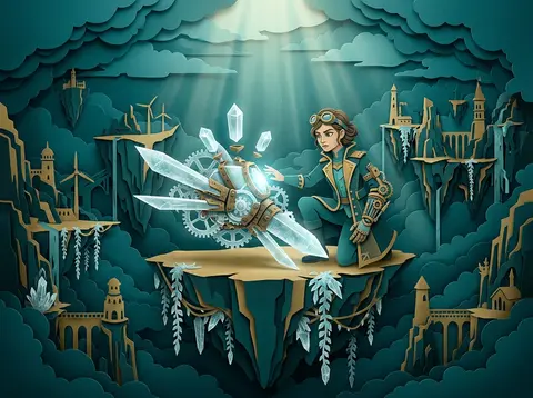 史诗感十足的竖版视觉作品，仿佛悬挂在云海中的巨大纸雕舞台：一位年轻发明家站在层层漂浮天岛之间的主岛边缘，半蹲在一台自制的奇异飞行装置旁，神情坚定，像在启动一场改 - AI生成图片 2