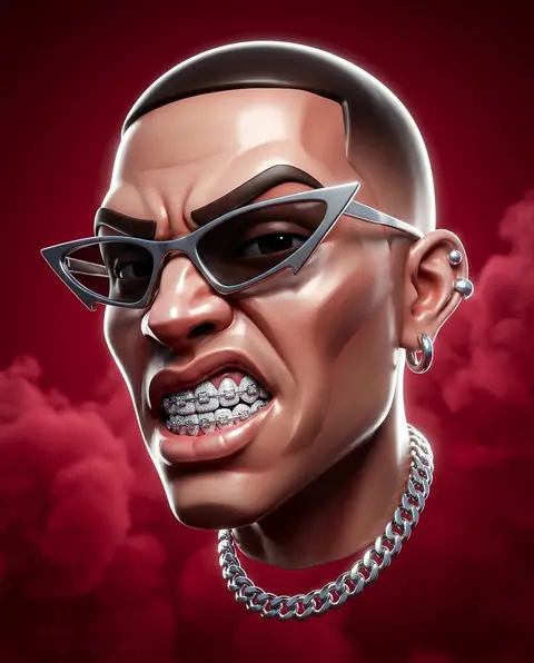 A hyper-stylized, dynamic 3D head portrait of rogue pop icon Zayden Voss floats - AI生成图片 1