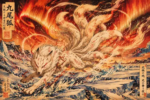 A chaotic ukiyo-e woodblock print of a mythical nine-tailed fox spirit dashing a - AI生成图片 4