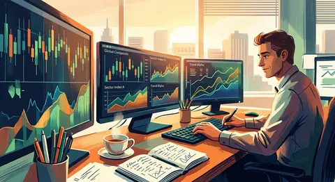 Editorial illustration of a financial news desk with multiple monitors displayin - AI生成图片 3