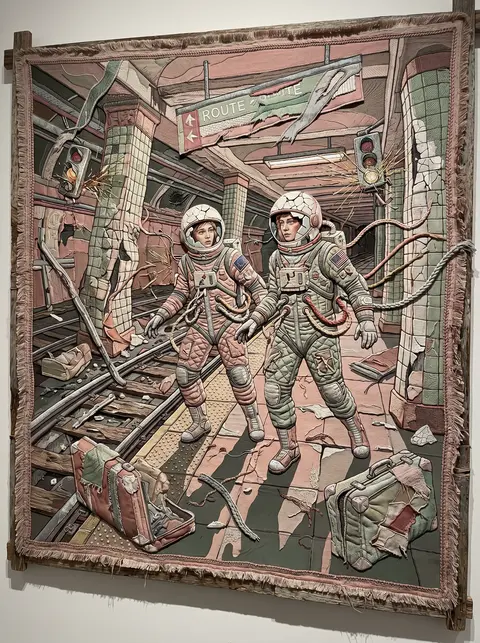 Two twin astronaut explorers on a derelict underground train platform, rendered - AI生成图片 1