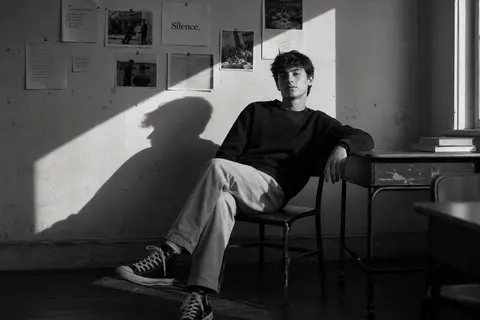Create a high-contrast black-and-white cinematic portrait in a quiet classroom, - AI生成图片 2