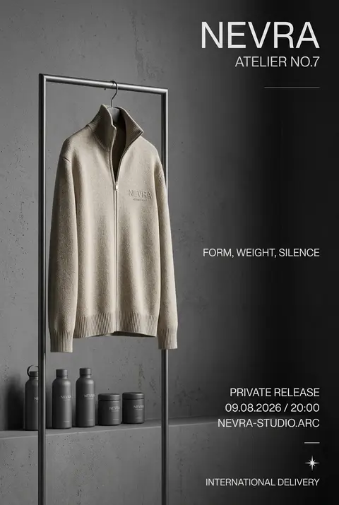 一张奢雅克制的当代服饰品牌宣传海报，竖版画幅，4:6比例，偏静物陈列摄影风格；空间设定在冷调展厅内，背景是一面带细微水泥颗粒与岁月擦痕的烟煤色墙体，整体气质安静 - AI生成图片 2