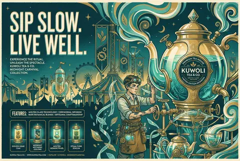 A monumental midnight carnival advertisement for the fictional brand "KUWOLI Tea - AI生成图片 2