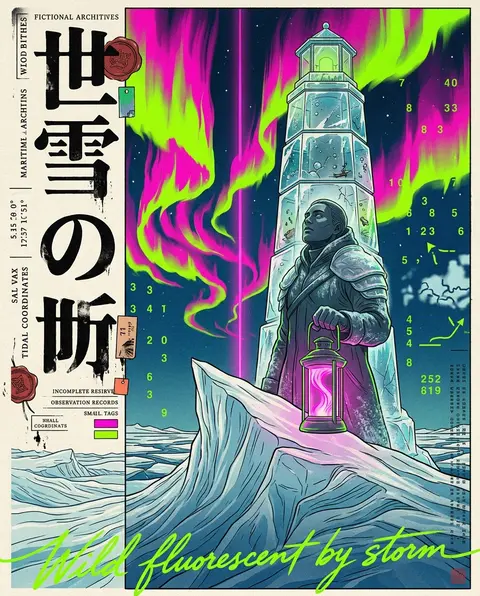 史诗感纪念版画海报，2:3 纵向构图；极地冰原之上，极光像撕裂天幕的火焰帷幕，酸性霓虹绿与高饱和洋红在夜空中翻卷交错；一名守塔人立于画面偏右的巨大冰脊顶端，身形 - AI生成图片 2