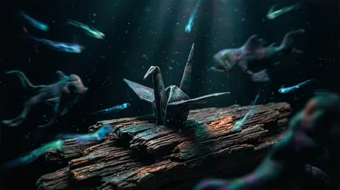 A haunted claymation tableau deep in a lightless ocean trench: a sentient origam - AI生成图片 1