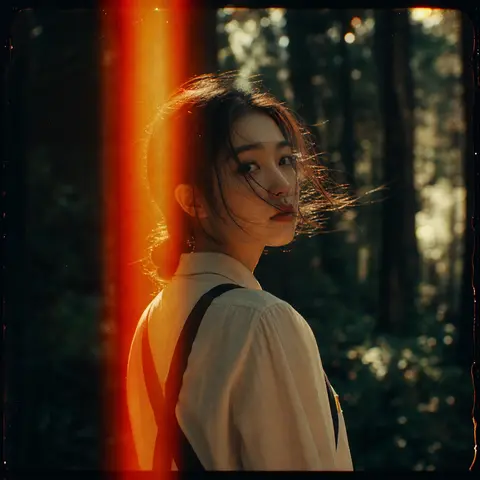 A moody 35mm film-still portrait of an Asian woman paused mid-turn in a secluded - AI生成图片 1