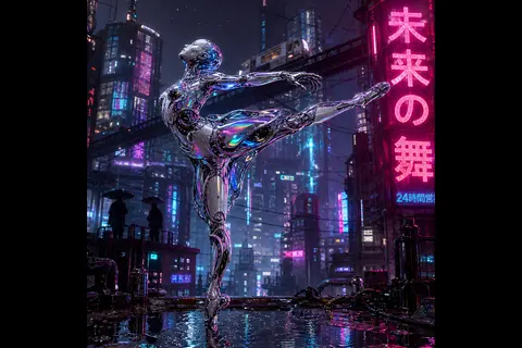 Robotic ballet dancer forged from flowing liquid mercury, poised mid-arabesque o - AI生成图片 2