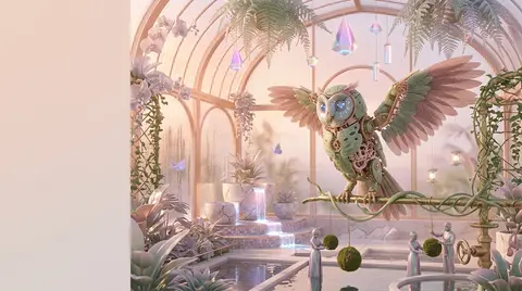 A dreamlike serene vaporwave poster of a clockwork owl perched within a sunlit g - AI生成图片 2