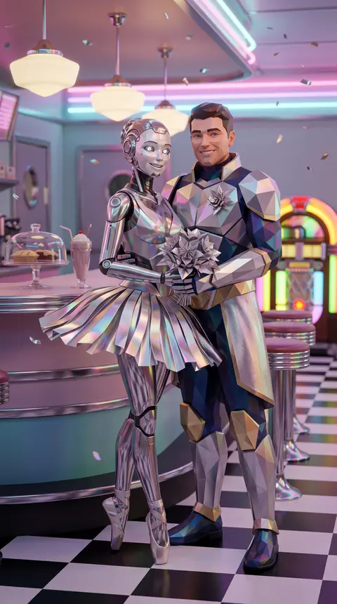 A joyful wedding portrait of two original battle-arena champions inside a neon-l - AI生成图片 2