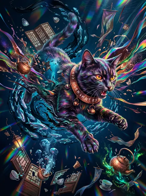 Vertical double-exposure poster of a feral tea-house cat mid-pounce, whiskers fl - AI生成图片 4