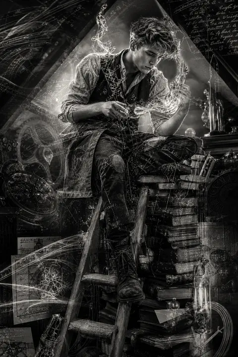 Double-exposure full-body portrait of a young tinkering inventor perched atop a - AI生成图片 2