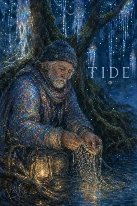 Elderly fisherman paused beneath a bioluminescent night forest canopy, wrapped i - AI生成图片 1