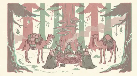 a desert nomad caravan pausing beneath towering fungal cedars in a bioluminescen - AI生成图片 2