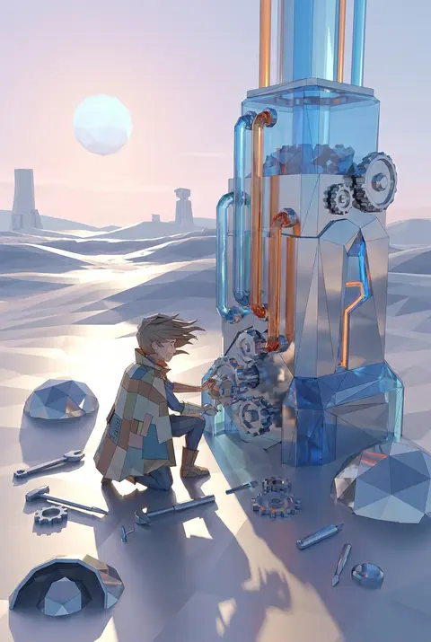 A monumental low-poly 3D scene at dawn in a vast desert of silver dunes, centere - AI生成图片 1