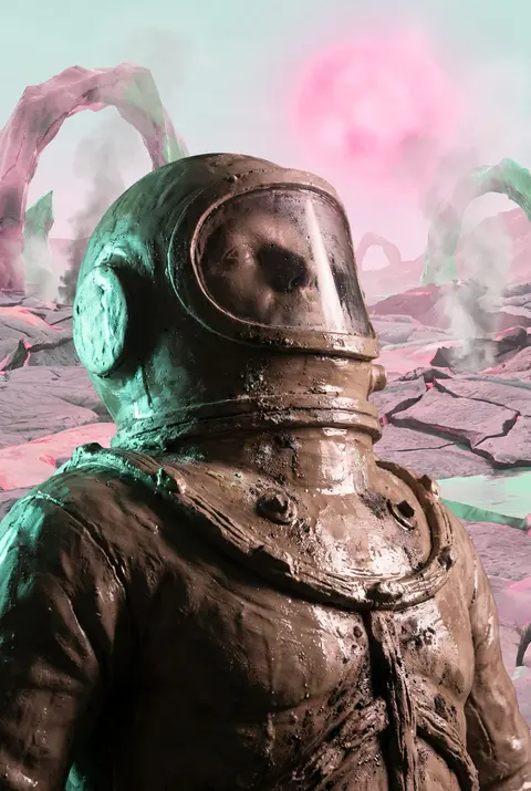surrealist photo collage of a deep-sea diver as a colossal mythic figure in a vo - AI生成图片 1