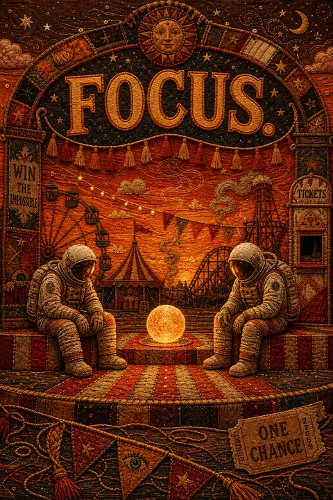 Two twin astronaut explorers paused at a midnight carnival, seated apart on a de - AI生成图片 2