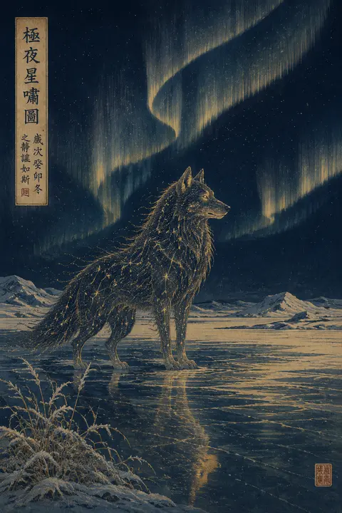 夜幕下的极地海原，一匹由星座与微光编织而成的孤狼立于冰封苔原，头顶极光如静默绸带缓缓流淌；画面以浮世绘木版画呈现，层层木纹与平涂颗粒并置，午夜海军蓝与黄铜金为主 - AI生成图片 2