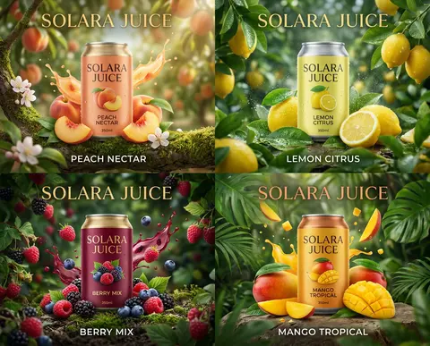 Create an ultra-premium 2x2 four-panel fruit-juice can campaign poster for a sel - AI生成图片 1