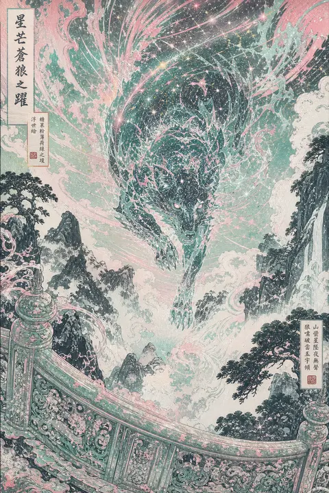 一幅充满失控张力的浮世绘木版画：迷雾翻涌的山隘之间，一头由星群与发光星轨拼接成的苍狼正猛然跃起，躯体像被夜空撕开的碎片般旋卷，四肢收束又炸开，尾迹拖出凌乱而炽烈 - AI生成图片 1
