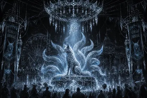 一幅诡谲华丽的竖版午夜嘉年华招贴画，采用粗粝而精致的炭笔素描质感，主色调为冰川蓝与冷银色；画面中央是一只神秘的九尾狐灵，蹲踞在由霜晶雕成的圆形高台之上，九条尾巴 - AI生成图片 1