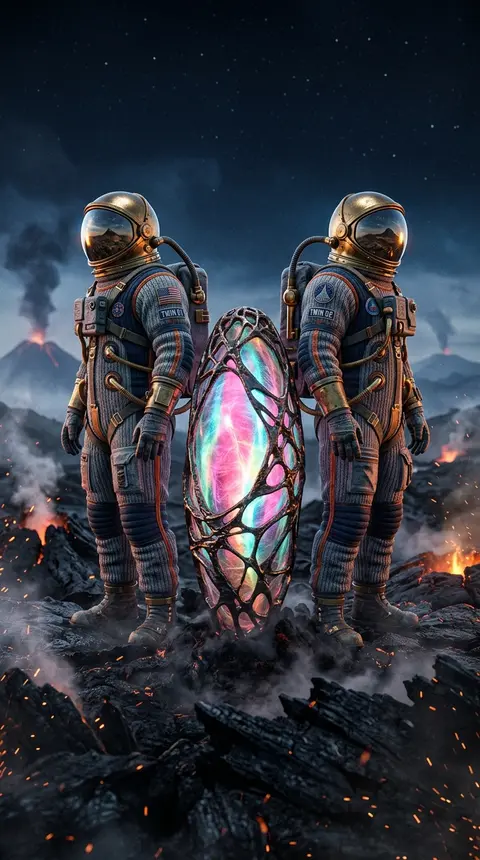 Two twin astronaut explorers in hand-stitched pressure suits of ribbed knitted w - AI生成图片 1