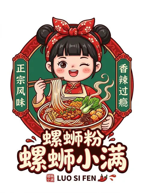 一张干净白底的中国风可爱餐饮品牌插画海报，中心构图，Q版动漫女孩手捧一大碗螺蛳粉，整体做成精致餐饮logo/包装贴纸风。女孩是甜美少女形象，黑色头发，双丸子头， - AI生成图片 3