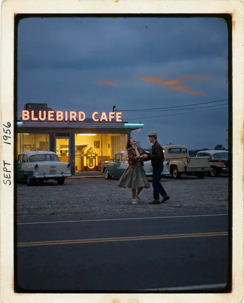 1956 roadside diner at blue hour, a young couple spontaneously slow dancing besi - AI生成图片 3