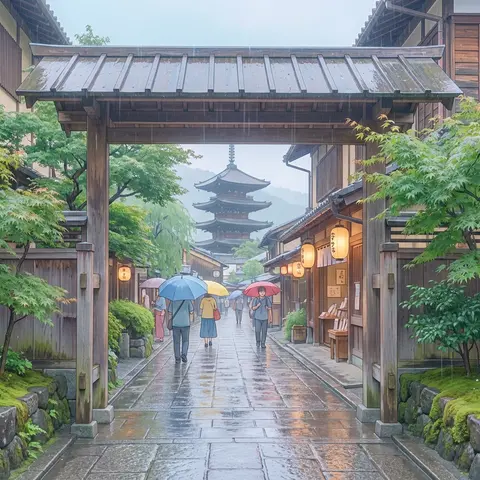 A serene rainy day in a traditional Japanese town, with a temple street leading - AI生成图片 1