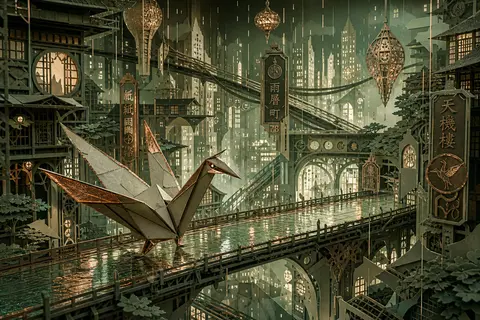 A sentient origami crane glides along a rain-slick skybridge in a towering megac - AI生成图片 1