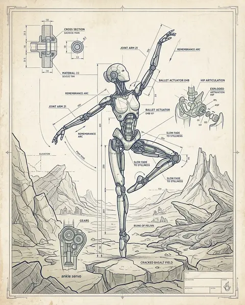 An emotionally charged blueprint schematic of a robotic ballet dancer standing a - AI生成图片 3