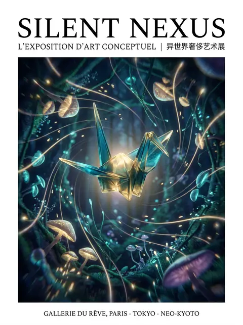 一只苏醒的折纸纸鹤以半透明树脂质感悬停在画面中央，成为静谧能量的核心，深青色与古董金为主调；幽暗发光的夜之森林向它缓缓弯折，荧光菌伞、漂浮孢子、细长藤脉与薄雾光 - AI生成图片 4