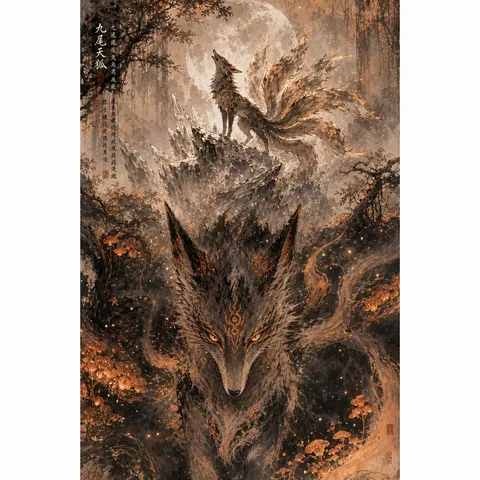 A legendary nine-tailed fox spirit poised on a jagged outcrop of frosted crystal - AI生成图片 1