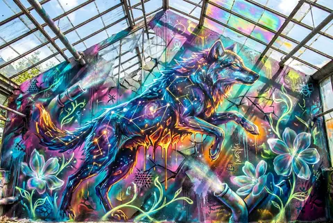 Ultra-detailed graffiti street mural of a wolf made of constellations, leaping t - AI生成图片 1
