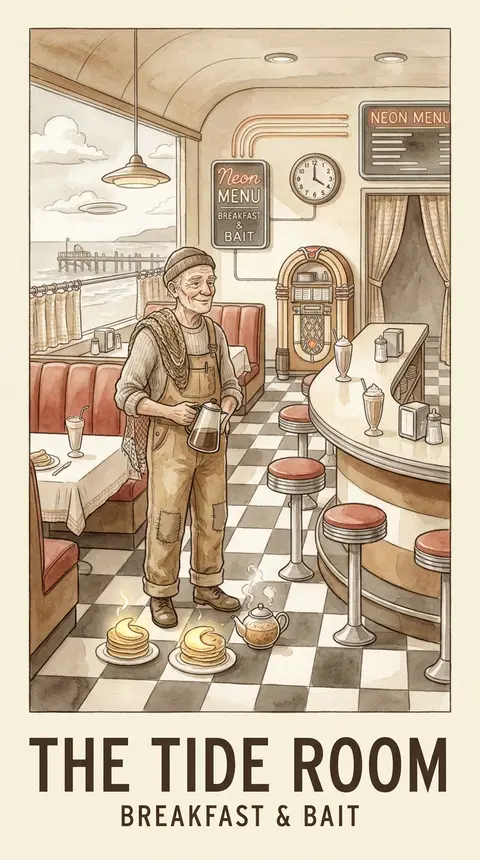 竖版水彩故事书插画，一张虚构小镇餐馆宣传画，四周宽阔奶油色留白与优雅排版；画面中央是一家1950年代风格的海边公路 diner 内景被奇想化改造成“潮汐早餐剧场 - AI生成图片 4