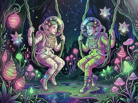 Twin astronaut explorers with mirrored silhouettes and mischievous body language - AI生成图片 3