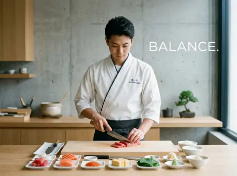 Premium editorial campaign.Main Subject: Young sushi chef inside a minimalist Ja - AI生成图片 3