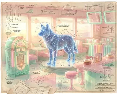 a joyful, sunlit blueprint schematic of a full-body wolf formed entirely from gl - AI生成图片 2