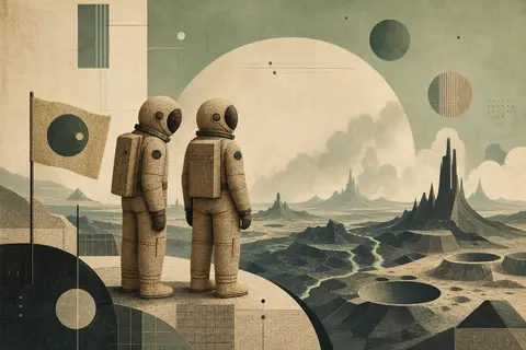 Twin astronaut explorers standing in quiet symmetry on a vast volcanic wasteland - AI生成图片 2