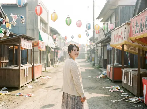 A beautiful Japanese woman walking through an empty festival street the morning - AI生成图片 2
