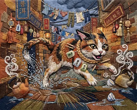 a nimble tea-house cat skidding through a rain-soaked back alley, tail whipping - AI生成图片 2