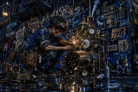A kinetic graffiti street mural of a young tinkering inventor in a rain-soaked b - AI生成图片 1
