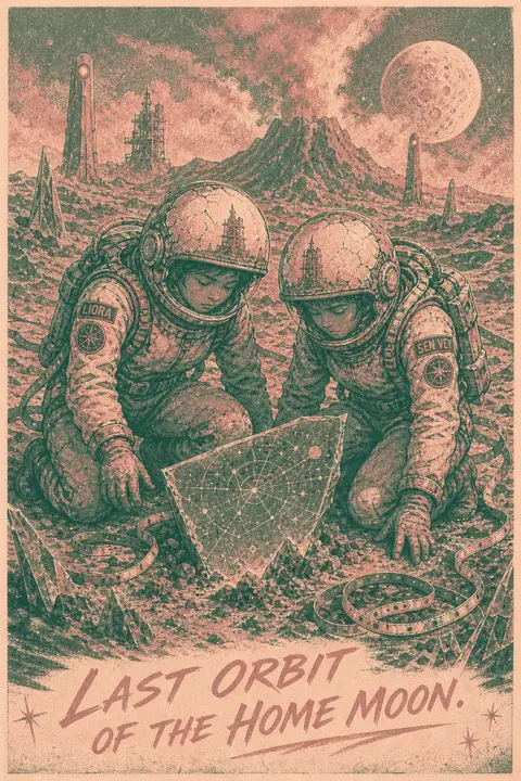 Twin astronaut explorers, Liora and Sen Vey, kneel beside a half-buried transluc - AI生成图片 1
