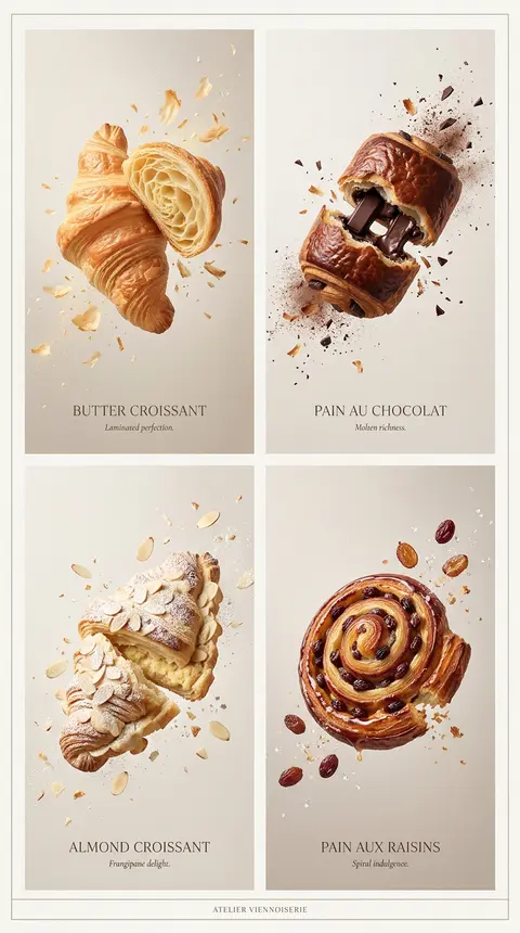 Create an ultra-premium vertical 4-panel viennoiserie campaign board, preserving - AI生成图片 2