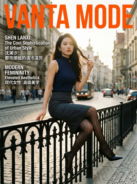 时尚杂志封面构图，中景人像，22-28岁东亚年轻女性模特“沈澜汐”，清冷凌厉的都会御姐气质，曲线鲜明，黑色长款微卷发自然垂落，淡雅底妆搭配红棕调唇色；身穿藏蓝色 - AI生成图片 3